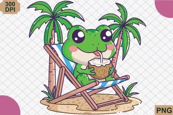 Download Cute Summer Frog Drinking Coconut PNG - Cute summer Collection